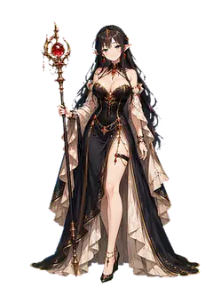 Serena's in-game character sprite, holding a staff crowned with a red gem.