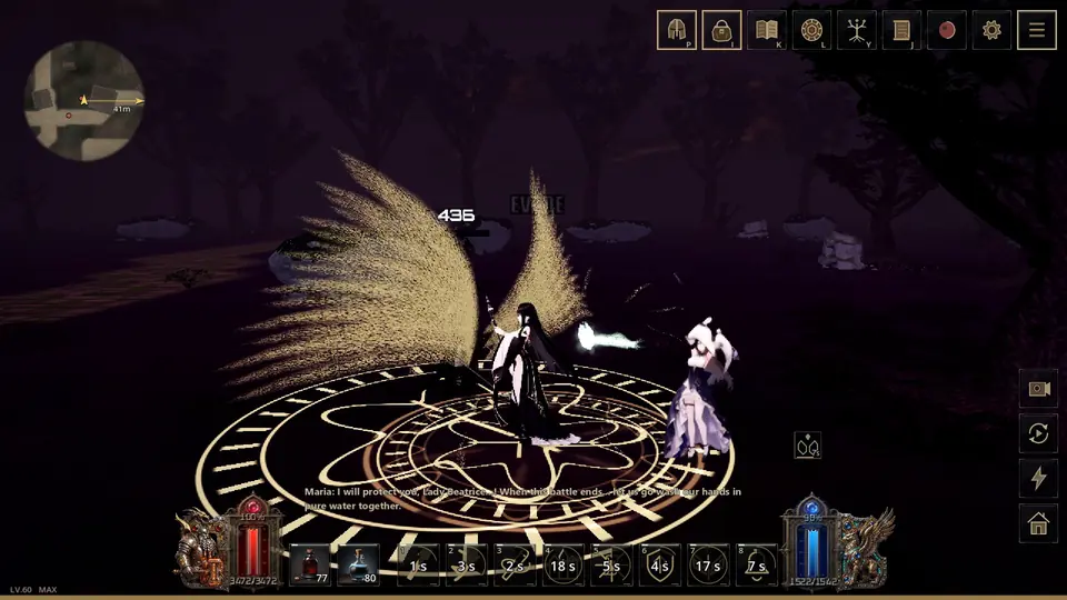 Gameplay screenshot: Beatrice unleashing radiant golden wings over a holy sigil.