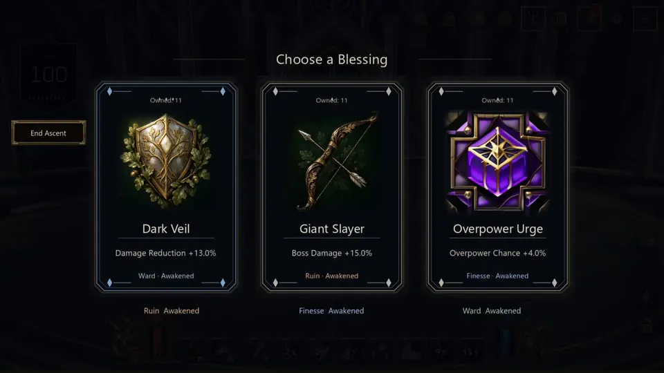 Gameplay screenshot: choosing one of three blessing cards in the Infinite Tower.