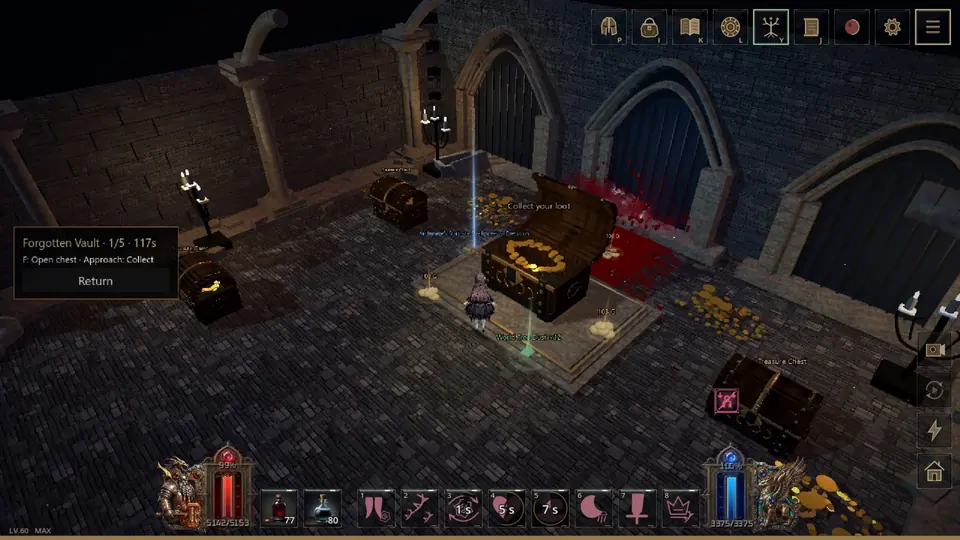 Gameplay screenshot: a hidden treasure vault filled with chests and gold.